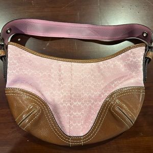 Pink canvas and brown leather Coach monogram bag from Easter collection.